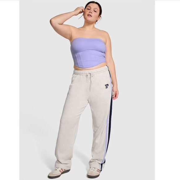 PINK Victoria's Secret Ivy Fleece Straight Leg Sweatpants Beige Stripe Large NWT - Picture 2 of 12